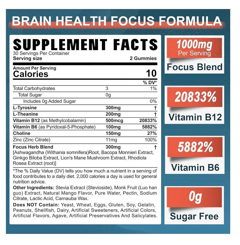 Neviss L-Tyrosine Gummies L-Theanine B12 B6 Brain Health Focus 2 Pack Gummies