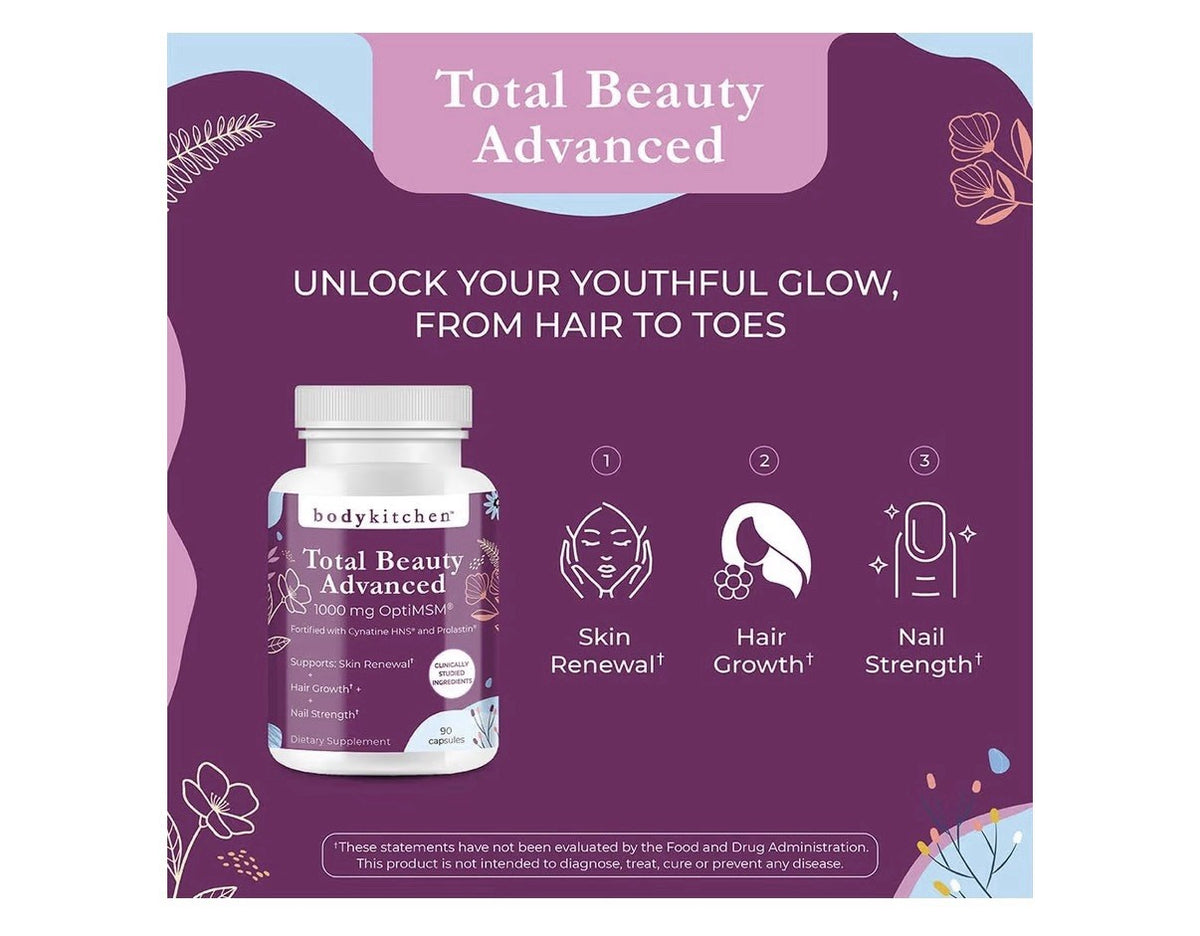 Body Kitchen Total Beauty Advanced 1000 mg OptiMSM Skin Hair Nail Support 90caps