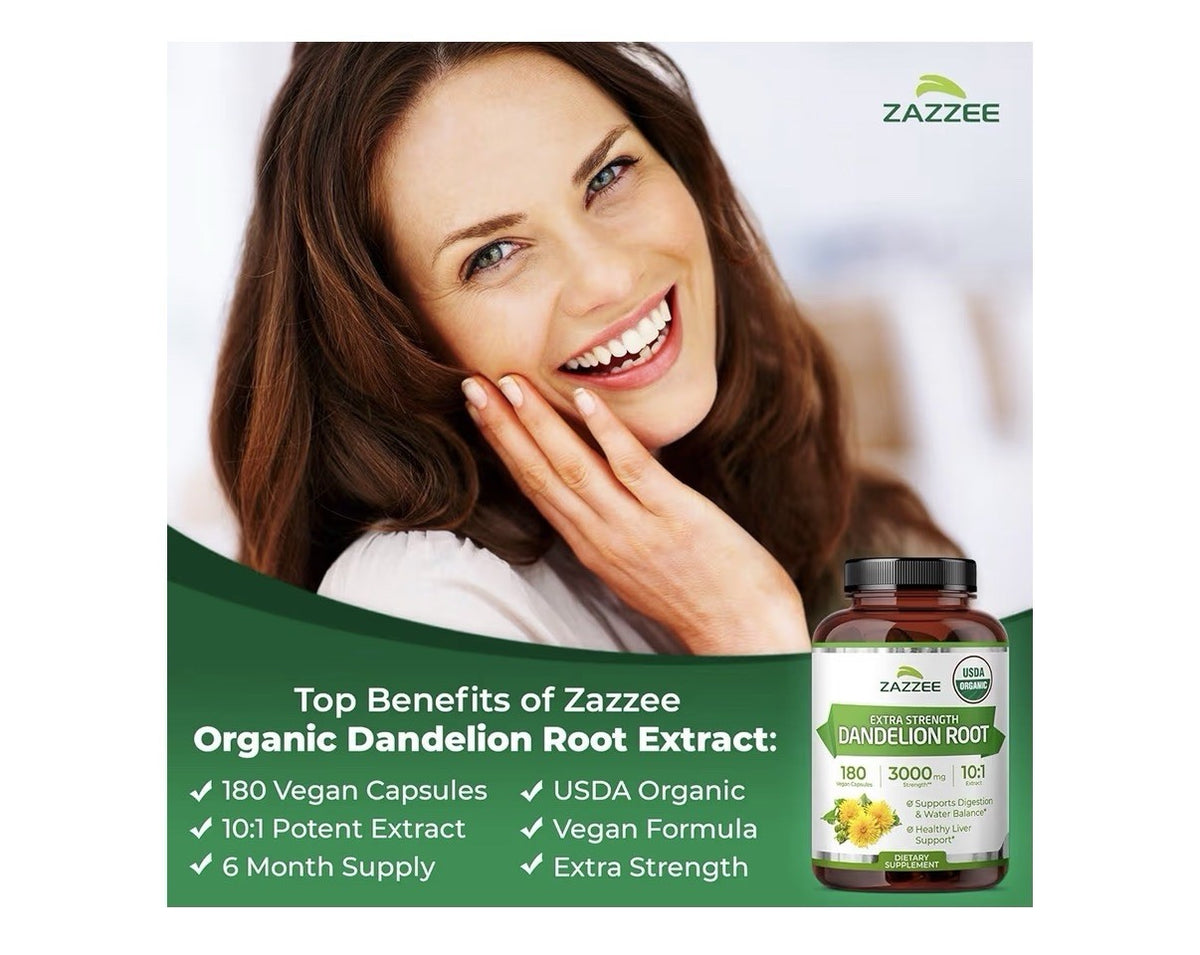 Zazzee Dandelion Root Digestive Water Balance Liver Support 6 Month Supply 180ca