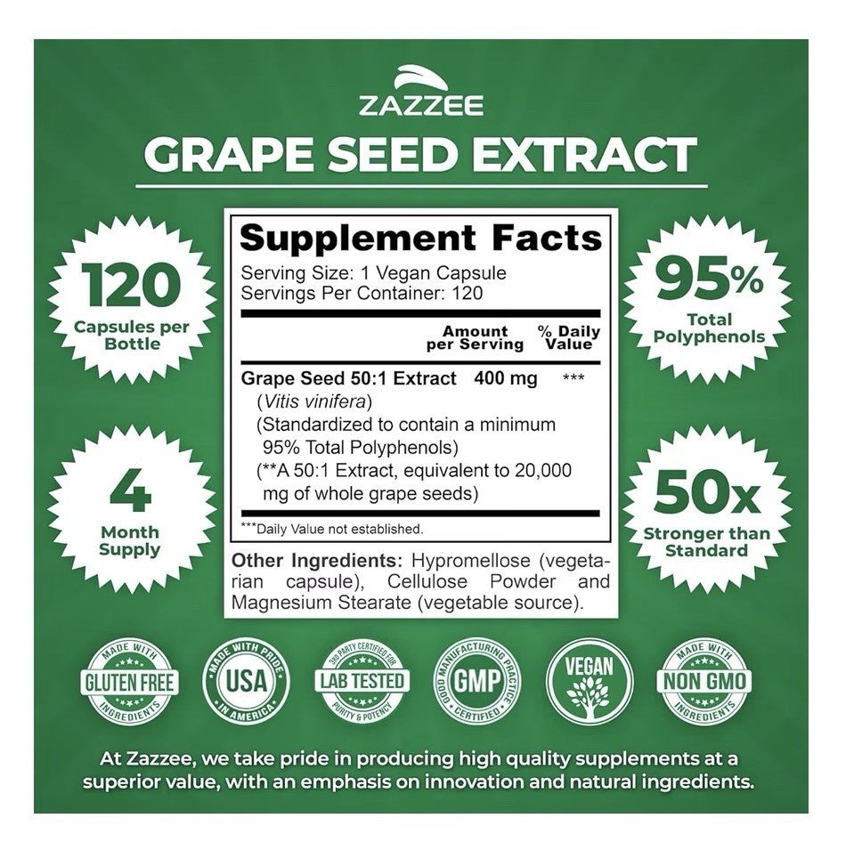Zazzee Grape Seed Extract 95% Polyphenols Antioxidant Immune Support 120capsules