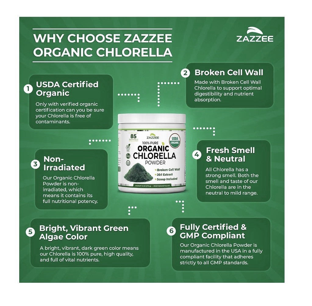 Zazzee Organic Chlorella Powder Broken Cell Wall 6 oz Pure 85 Servings