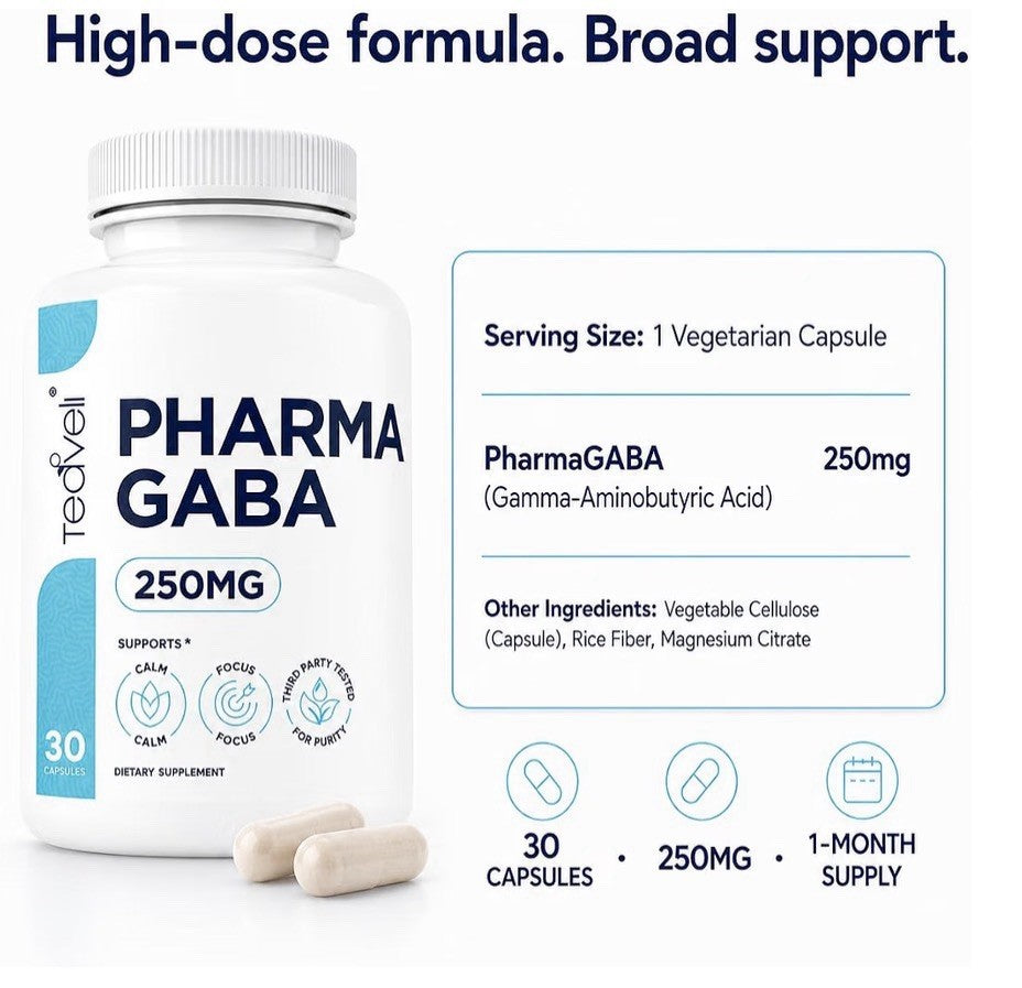 Teaveli Pharma GABA 250mg Calm Relaxation Focus Sleep Fermented GABA 30 Capsules