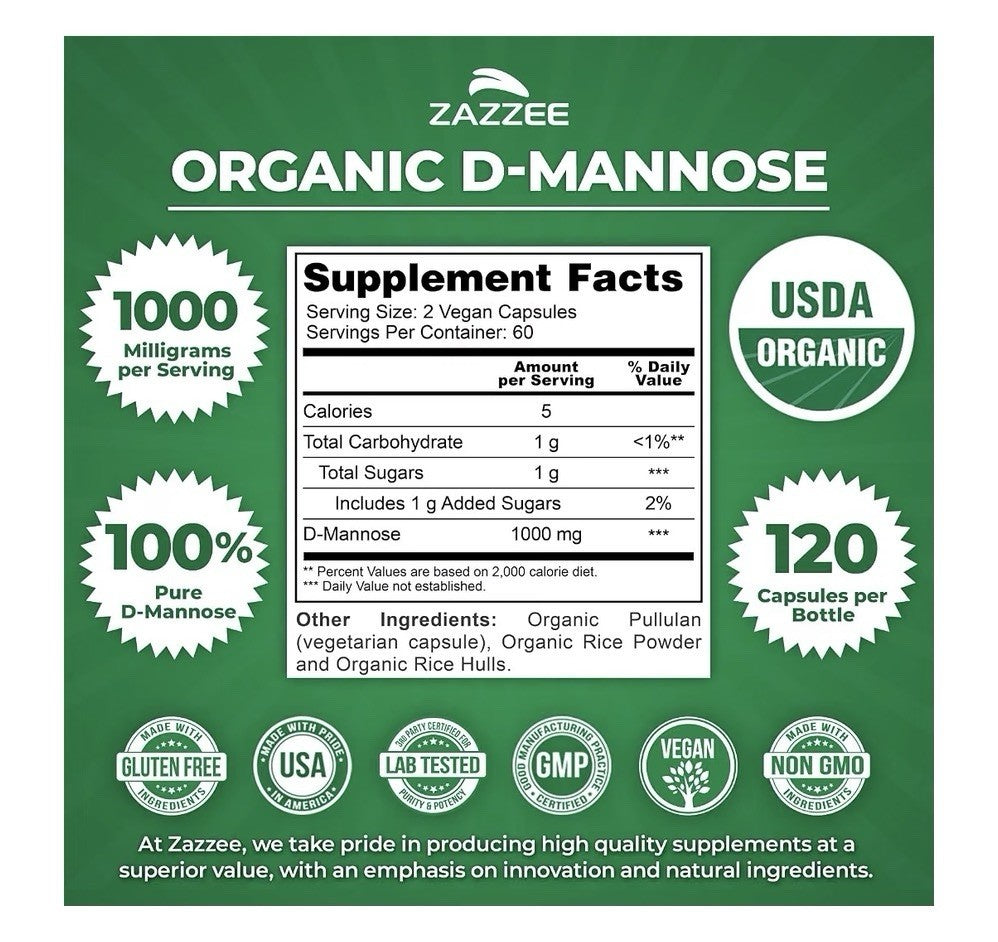 Zazzee Organic D-Mannose 1000 mg Urinary Tract Bladder Support 120 Veg Capsules