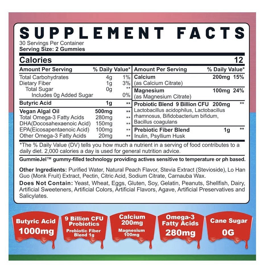 Nextdia Butyrate Gummies 9 Billion CFU Probiotic +Prebiotic+Postbiotic 60gummies