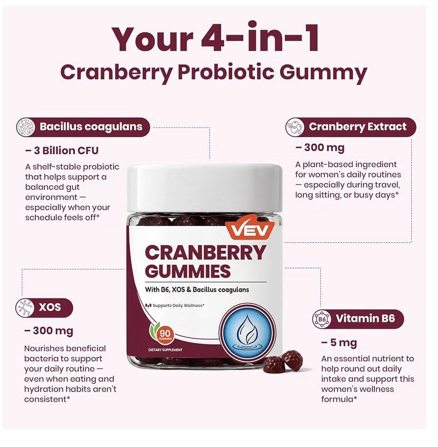 VEV Cranberry Gummies for Women Supports Daily Wellness 90 Gummies
