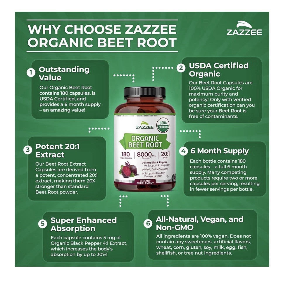 Zazzee Beet Root Nitric Oxide Support Healthy Energy Levels 6Month Supply 180cap