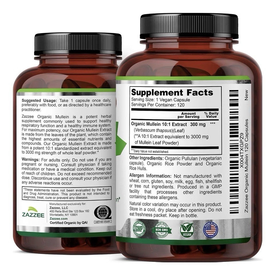Zazzee Organic Mullein Leaf Support Healthy Respiratory Immune 4 Month Supply