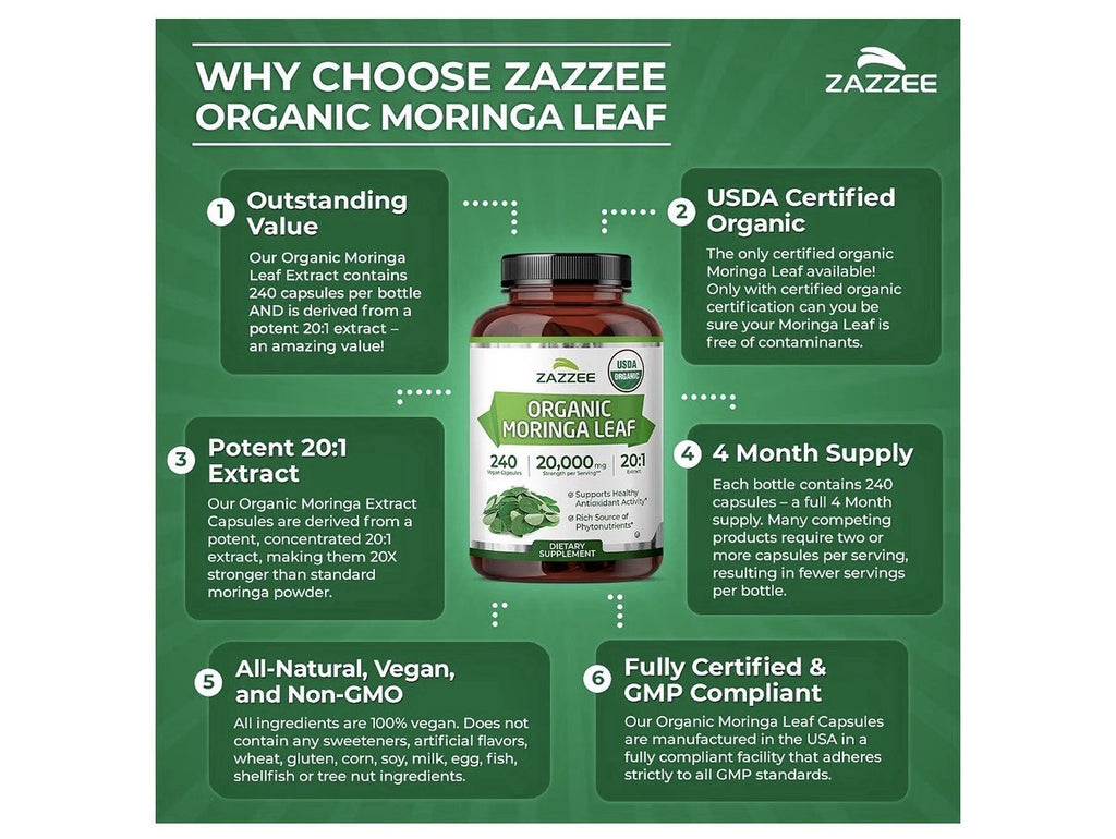 Zazzee Organic Moringa Leaf Antioxidant Rich Source of Phytonutrients 240capsule