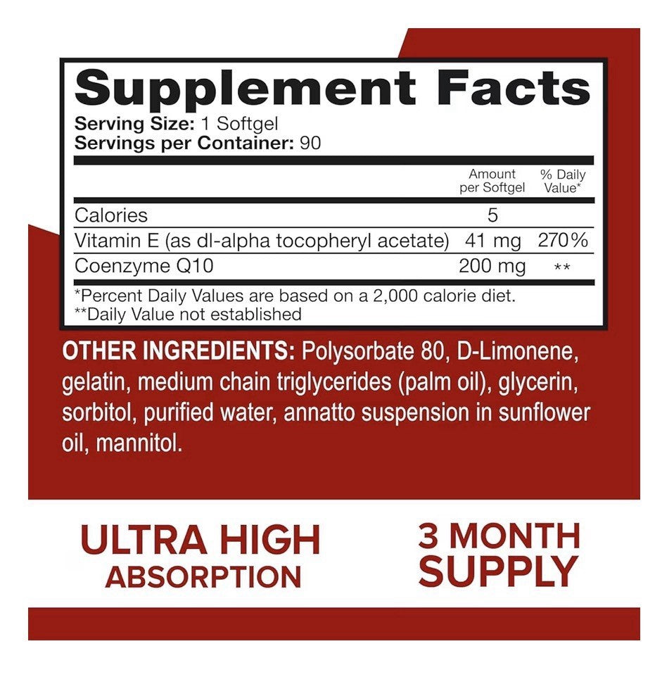 Qunol Ultra CoQ10 200mg Extra Strength Water And fat Soluble 90 Softgels