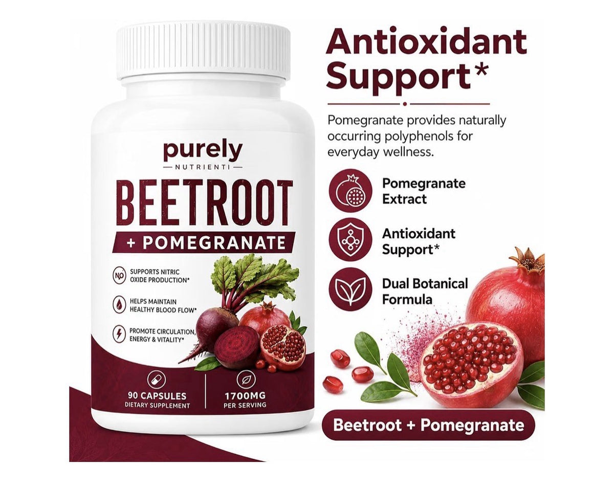 Purely Nutrient Beetroot + Pomegranate Nitric Oxide Production Blood Flow 90caps