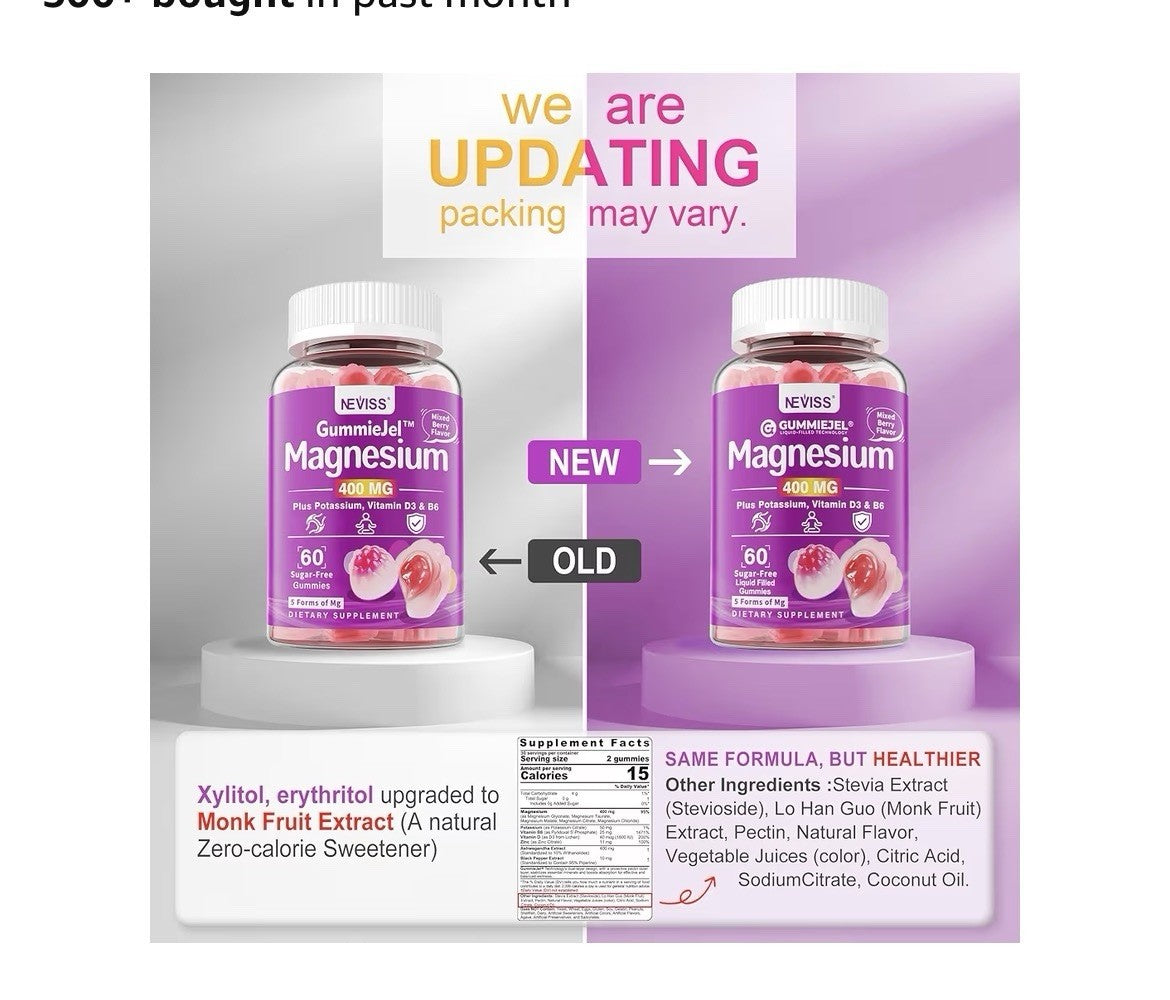 NEVISS Magnesium Glycinate 400 MG Plus Potassium Vitamin D3 & B6 Adults 60 gummy