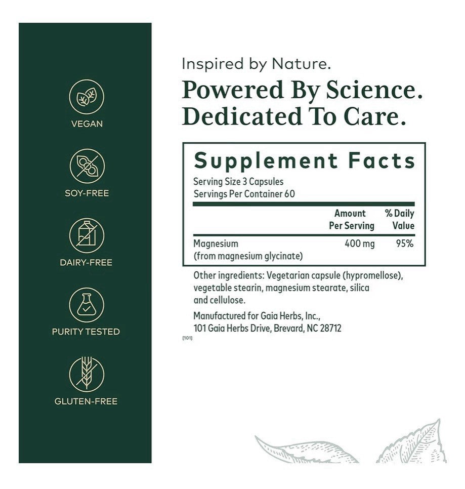 Gaia Herbs PRO Magnesium Glycinate 400mg Highly Absorbable Relaxation 180capsule
