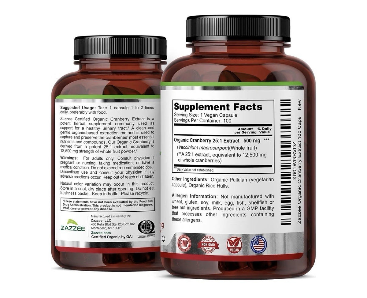 Zazzee Organic Cranberry Healthy Urinary Tracy Support 100 Day Supply 100Capsule
