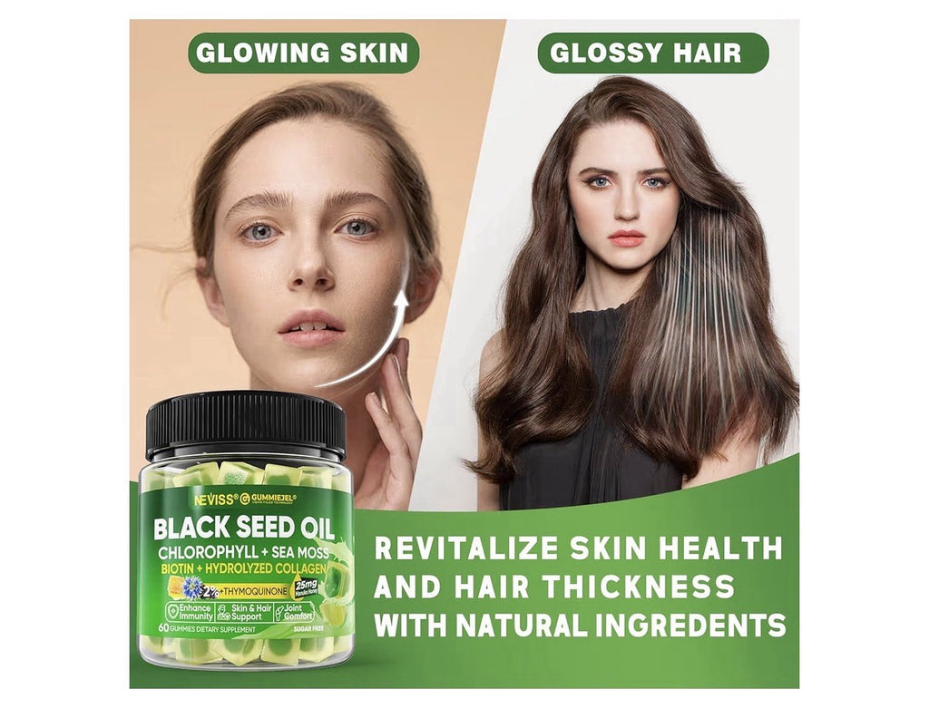 Neviss Black Seed Oil Gummies Chlorophyll Sea Moss for Adults & Kids 9+ 60gumies