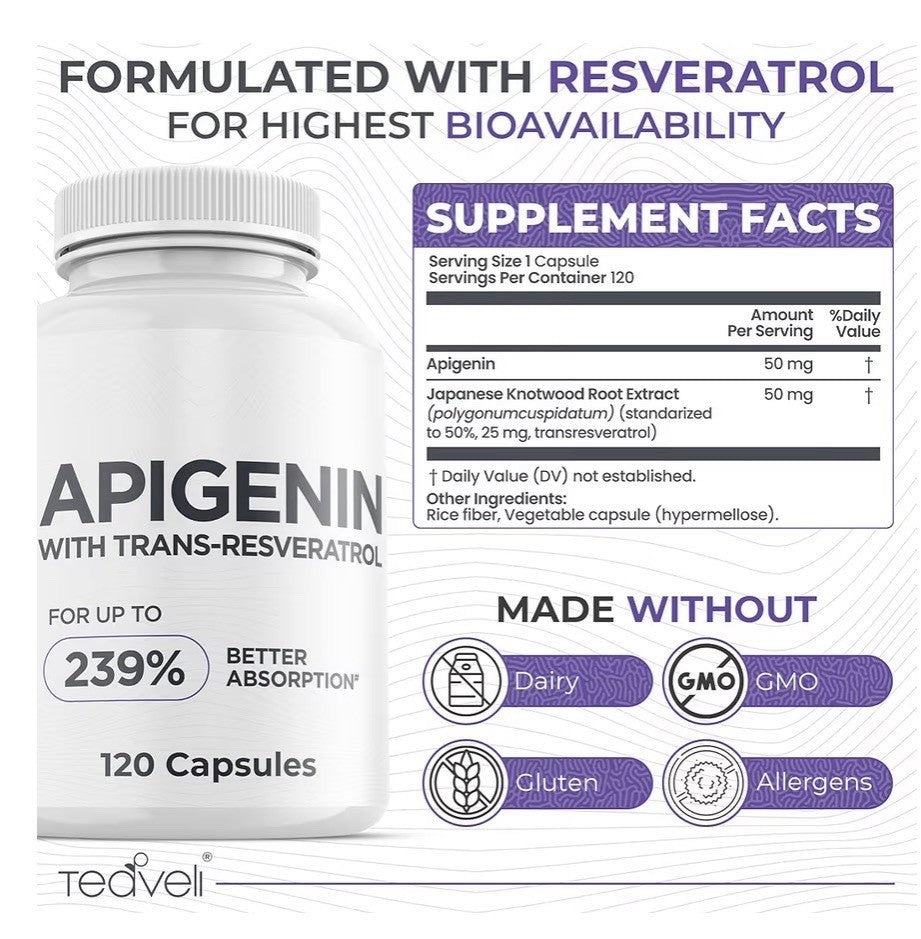 Teaveli Apigenin With Trans Resveratrol Sleep Support Supplement 120 Capsules