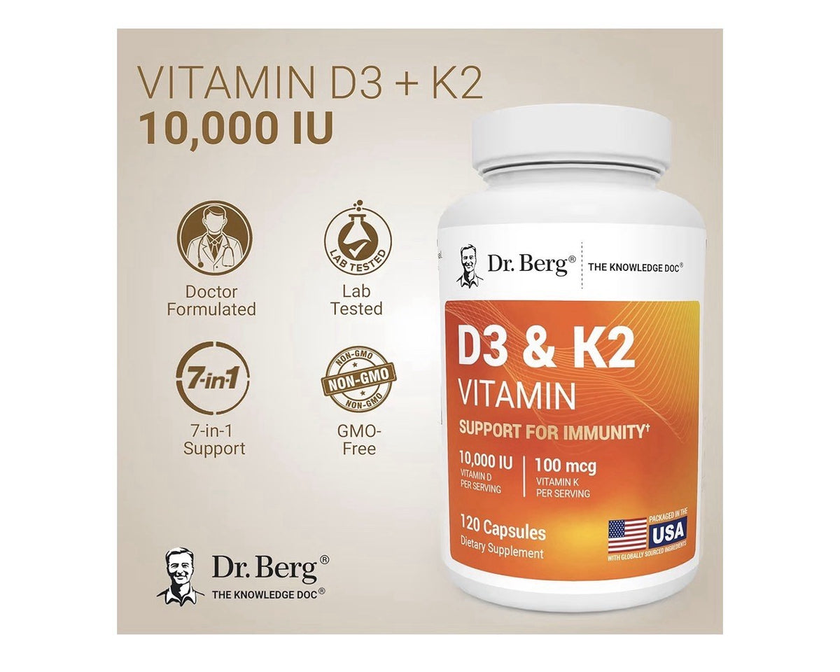 Dr. Berg D3 & K2 Support For Immunity 10,000 IU Vitamin D 100 mg Vitamin K 120ca
