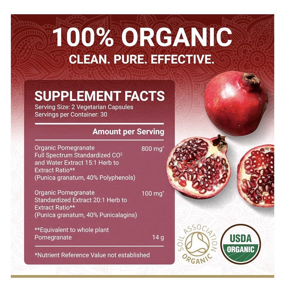 True Veda Organic Pomegranate Extract Supplement USDA Certified 60 Capsules