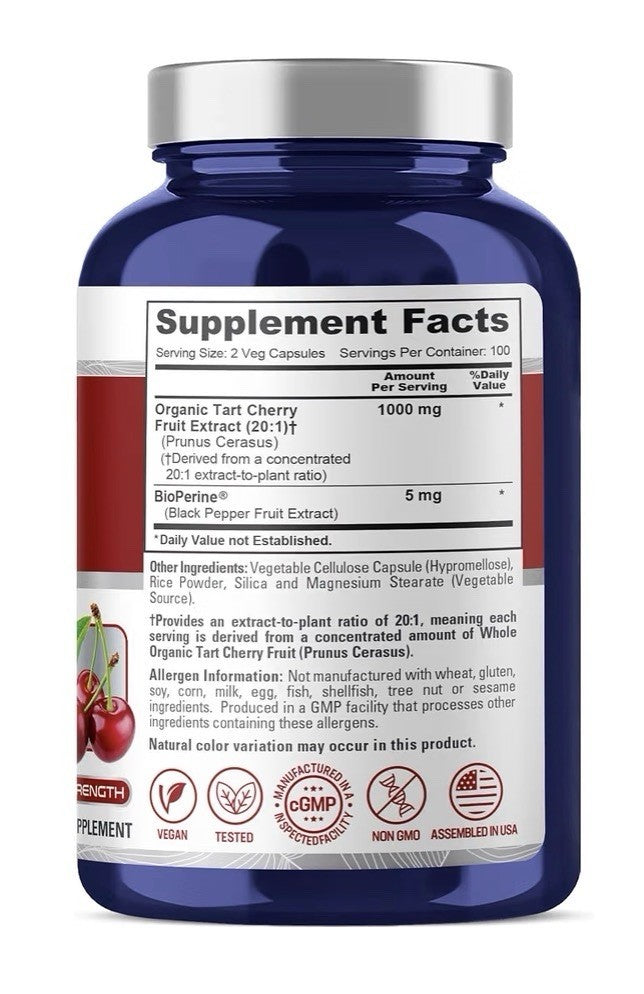 NusaPure Tart Cherry 1000mg Per Serving 200 Veg Capsules 100 Servings