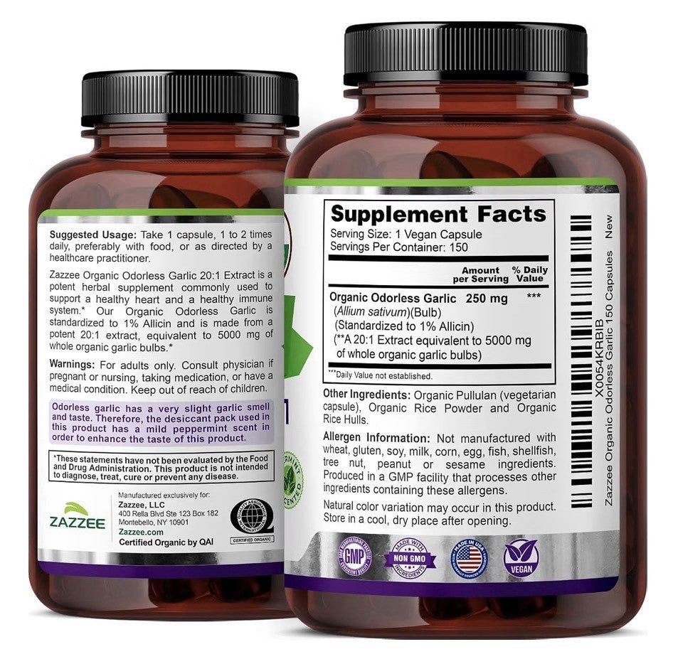 Zazzee Odorless Garlic 1% Allicin Immune Circulation Heart Support 5Month Supply