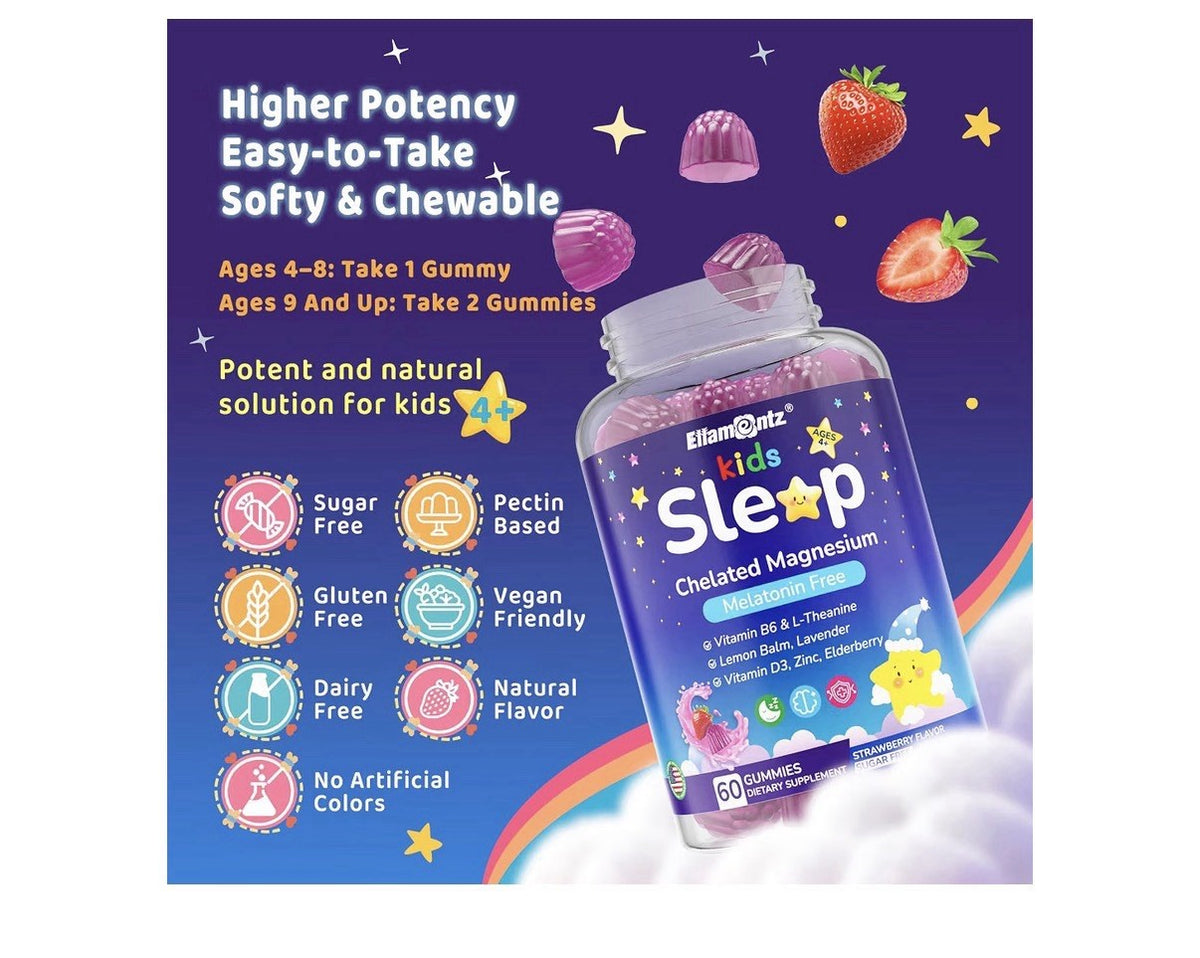 ELLAMENTZ Kids Sleep Chelated Magnesium Vitamin B6 D3 MelatoninFree 2 Pack
