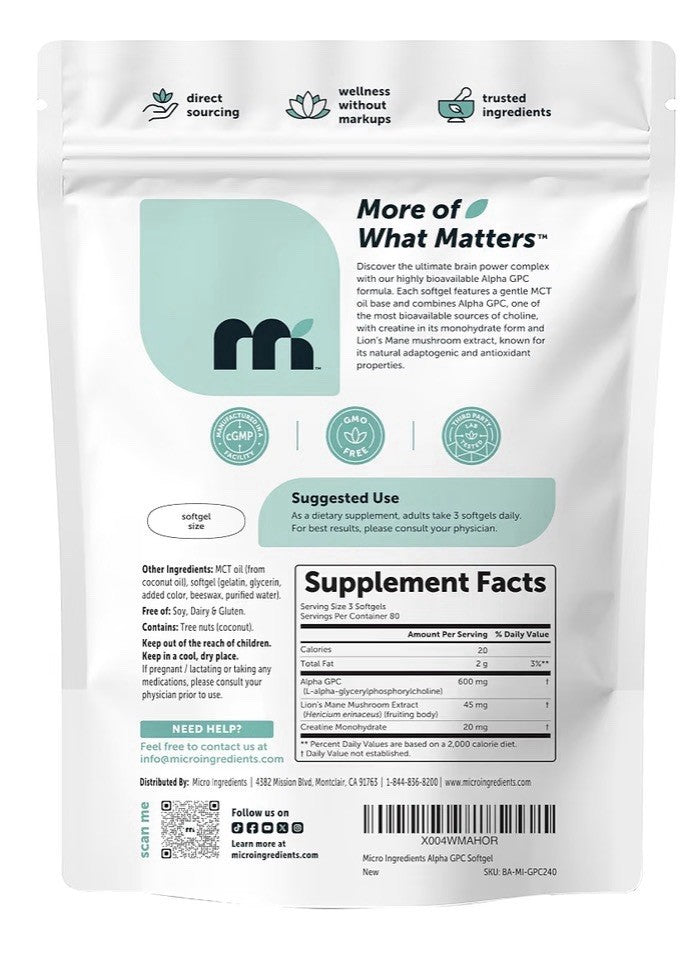 Micro Ingredients Alpha GPC 600mg per Serving Focus Cognitive Support 240softgel