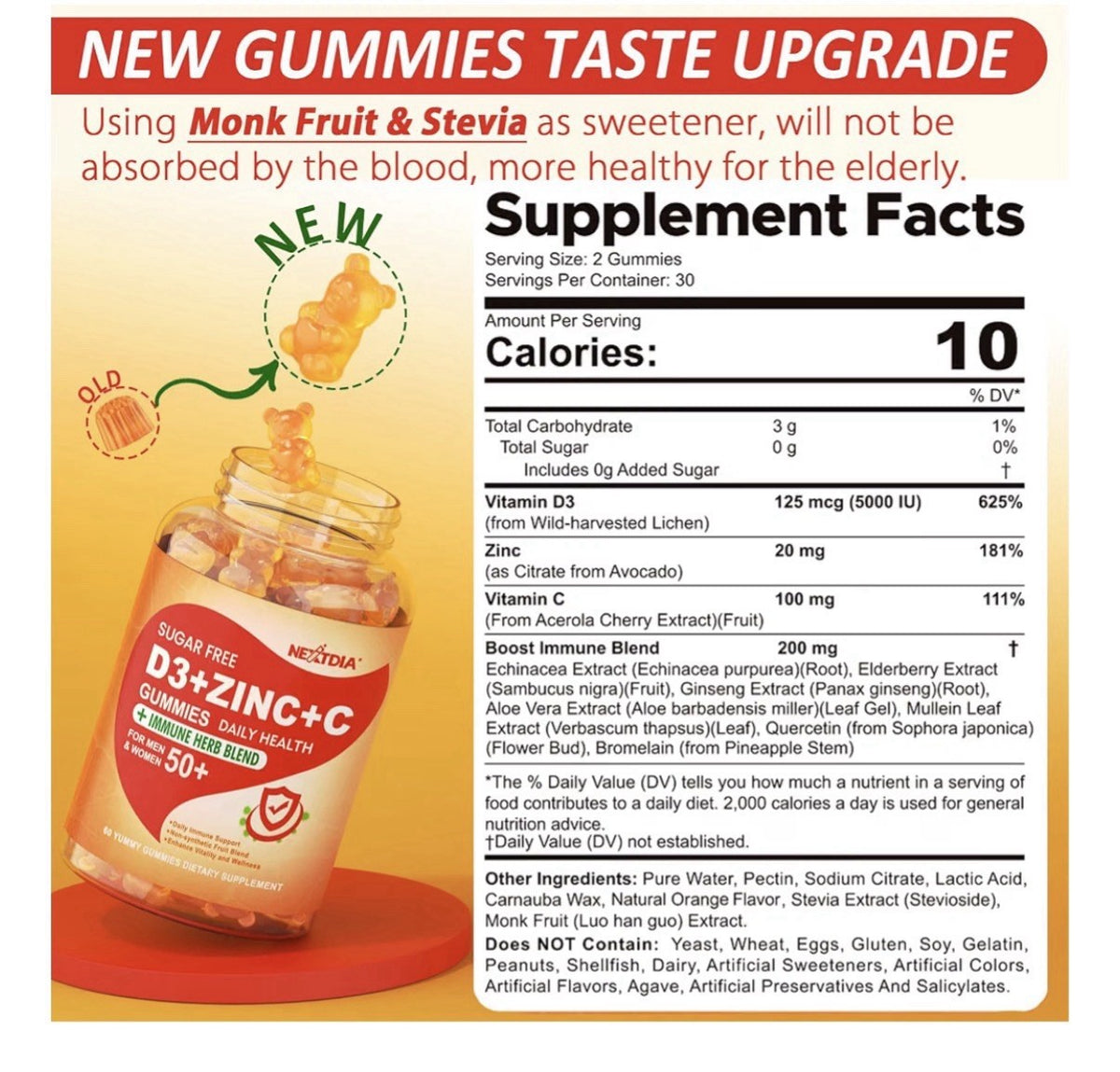 Nextdia D3 + Zinc + C Gummies For Adults 50+ Immune Support 60Gummies Sugar Free