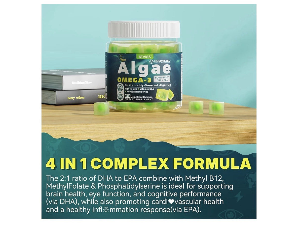 Neviss Vegan Algae Omega-3 DHA + EPA Gummies for Adults No Fishy Taste 60Gummies