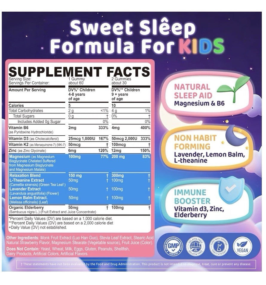 ELLAMENTZ Kids Sleep Chelated Magnesium Vitamin B6 D3 MelatoninFree 2 Pack