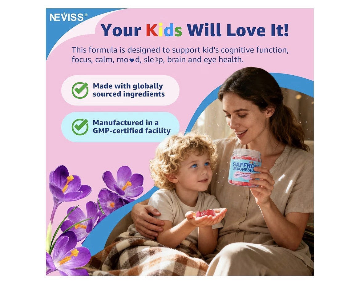 Neviss Saffron Magnesium Glycinate For Kids 4+ Focus Calm Happy Mood 60 Gummies