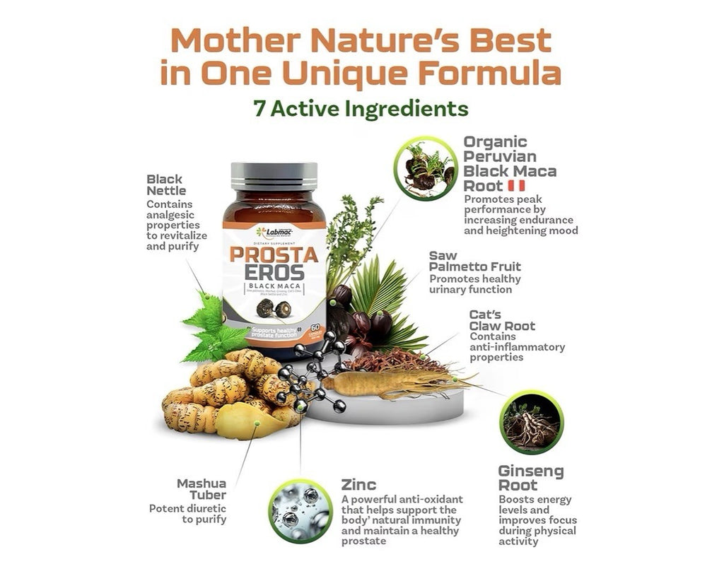 Prosta Eros Black Maca Prostate Support Supplement 7 Natural Ingredients 60 Caps