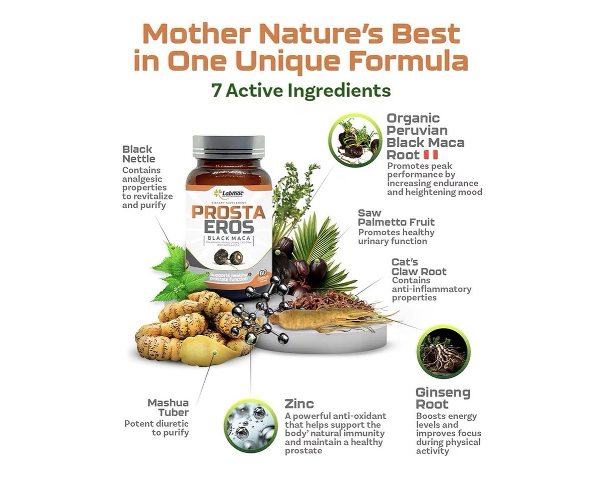 Prosta Eros Black Maca Prostate Support Supplement 7 Natural Ingredients 60 Caps
