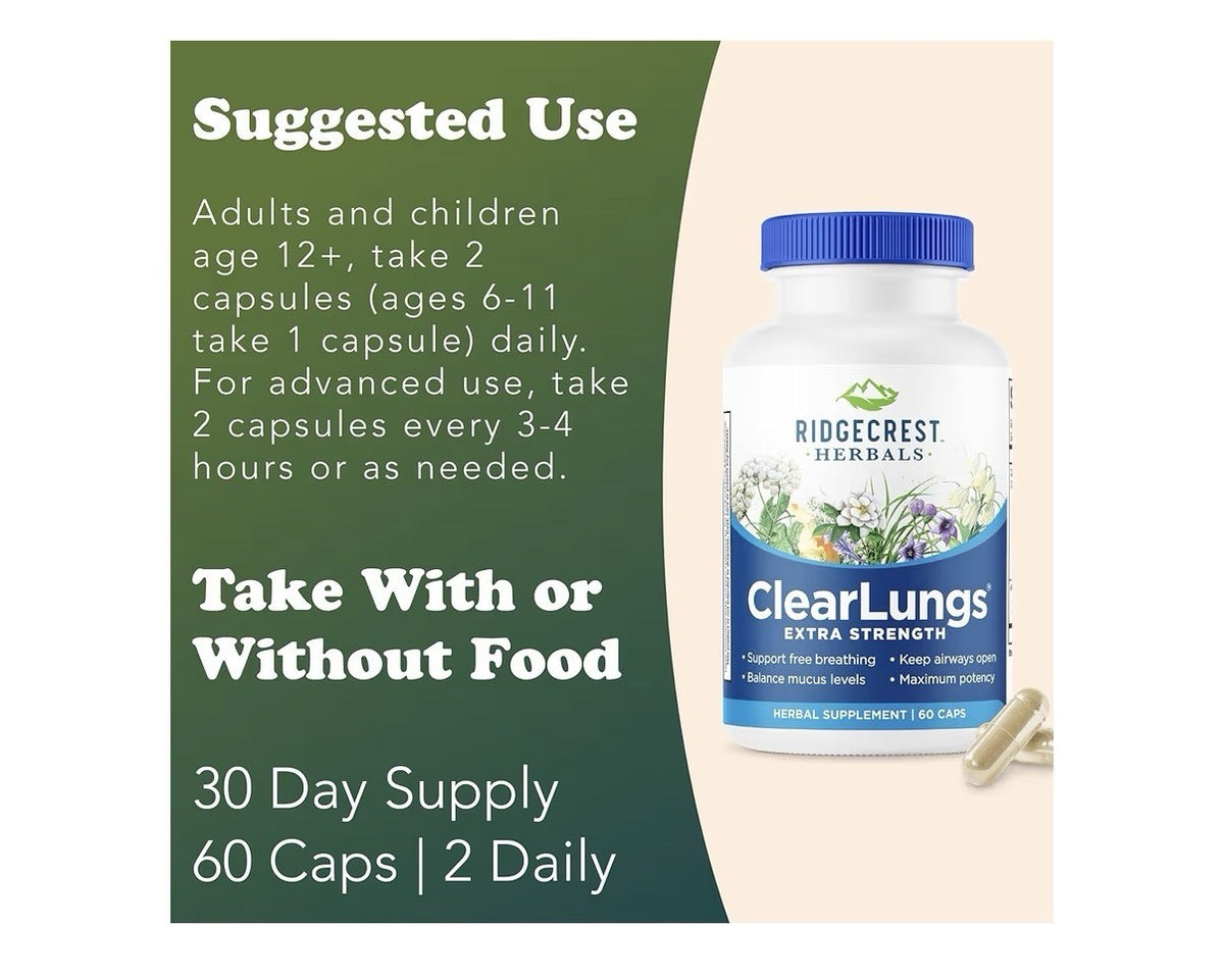 RidgeCrest Herbals ClearLungs Extra Strength Respiratory Keep Airways Open 60cap