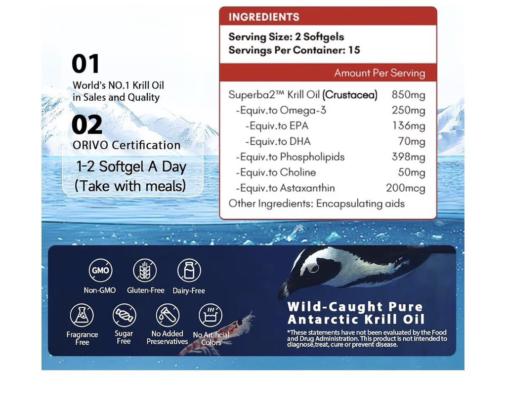 NYO3 Krill Oil Omega 3 Supplement 1000mg EPA DHA Pure Antarctic Krill 30 Softgel