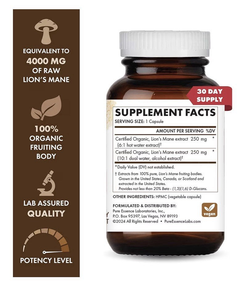 PURE ESSENCE LABS MyPure Lion's Mane 8X Max Strength Brain Focus Support 30 Caps