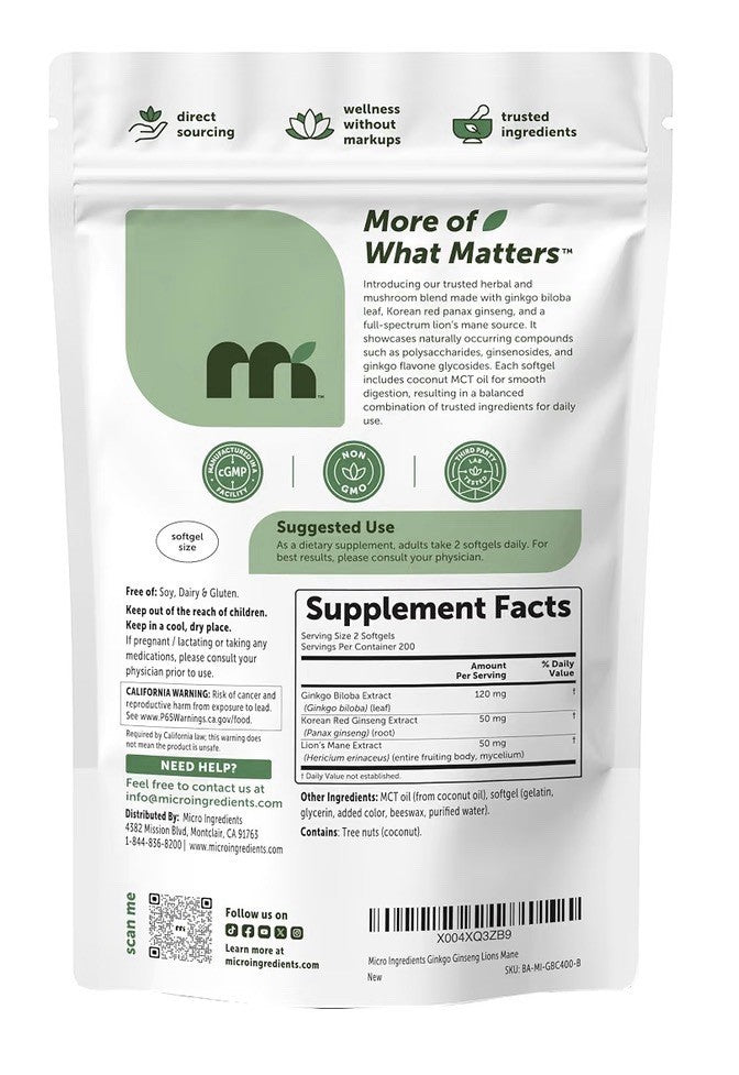 Micro Ingredients Ginkgo Biloba Panax Ginseng Lion’s Mane 400 Softgels