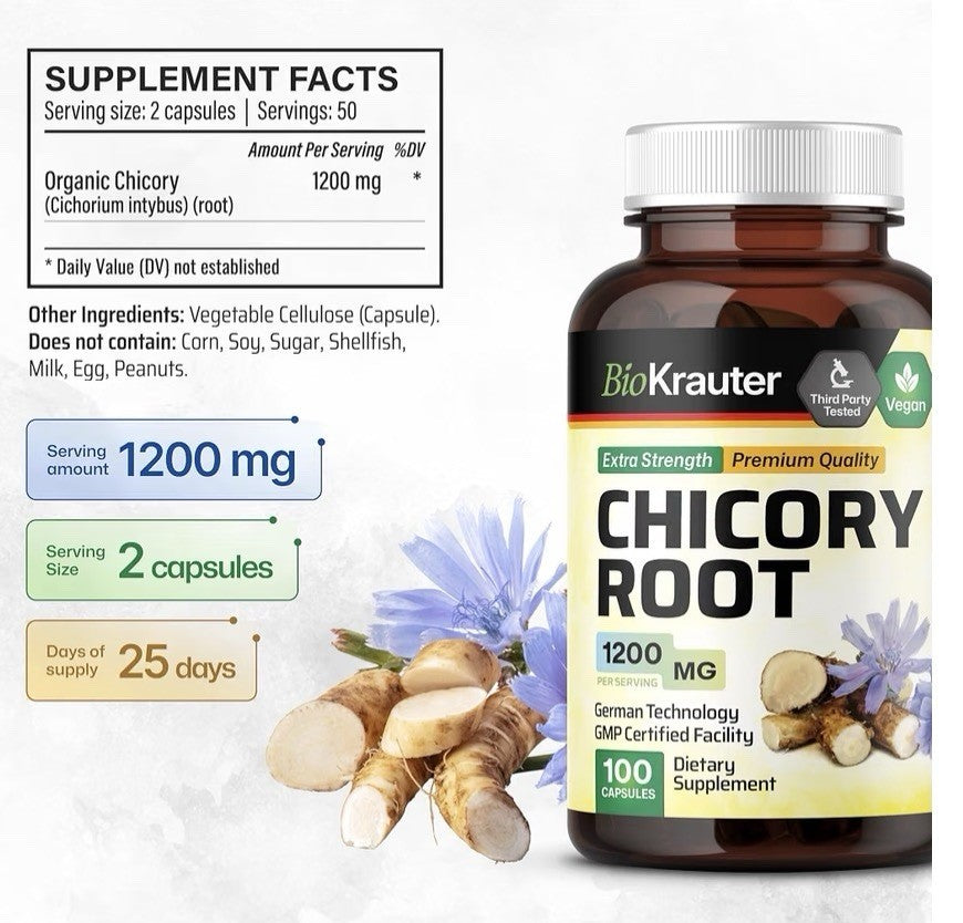 BIO KRAUTER Chicory Root Gut Digestive Support Prebiotic Fiber Supplement 100cap
