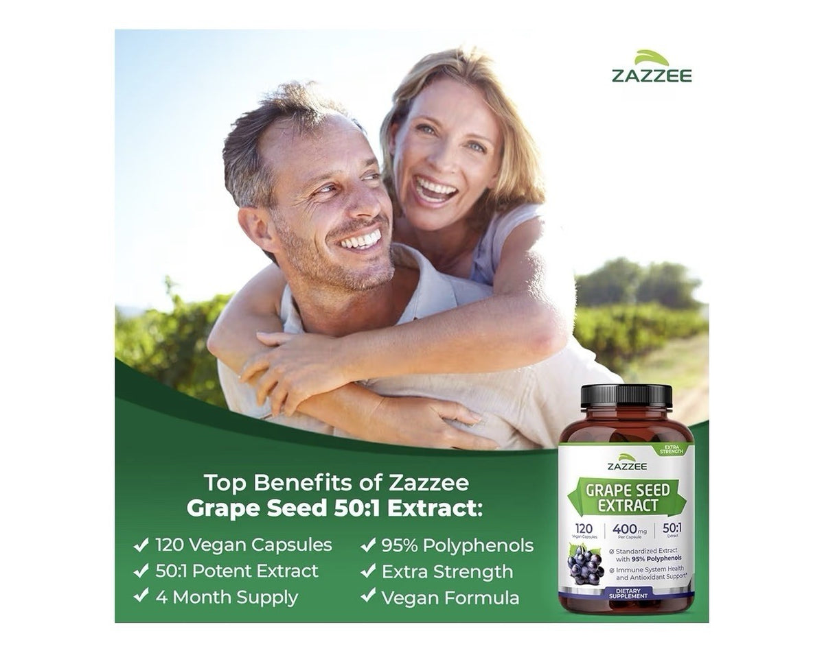 Zazzee Grape Seed Extract 95% Polyphenols Antioxidant Immune Support 120capsules