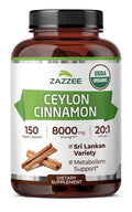 Zazzee Ceylon Cinnamon 150 Sri Lankan Variety Metabolism Support 150 Capsules