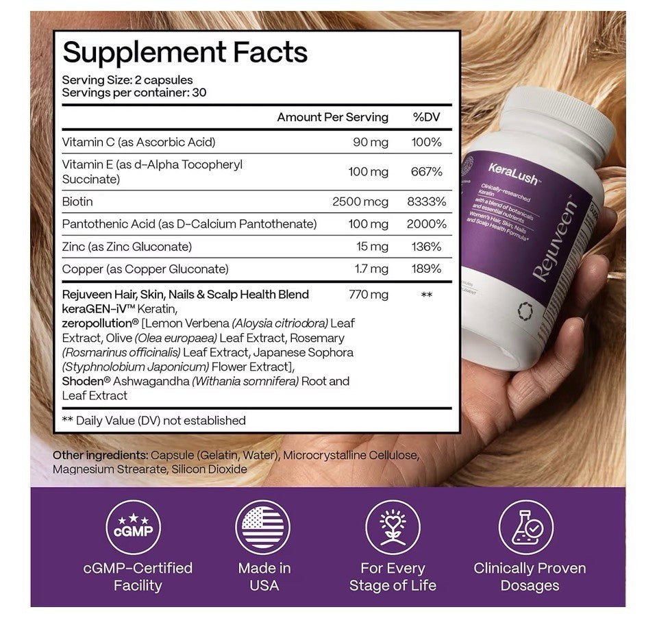 Rejuveen KeraLush Hair Skin Nails and Scalp Health Formula For Women 60 Capsules