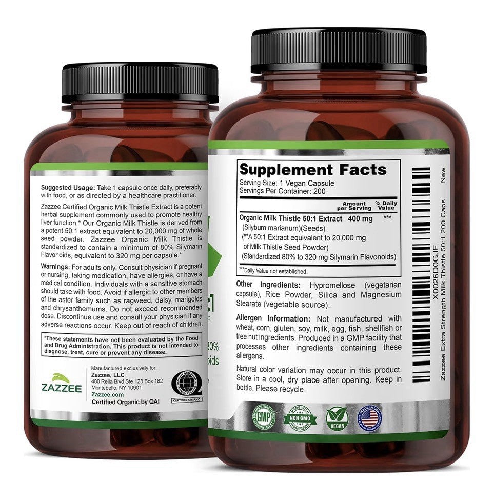 Zazzee Milk Thistle Extra Strength 50:1 Extract Healthy Liver Cleanse Detox 200c