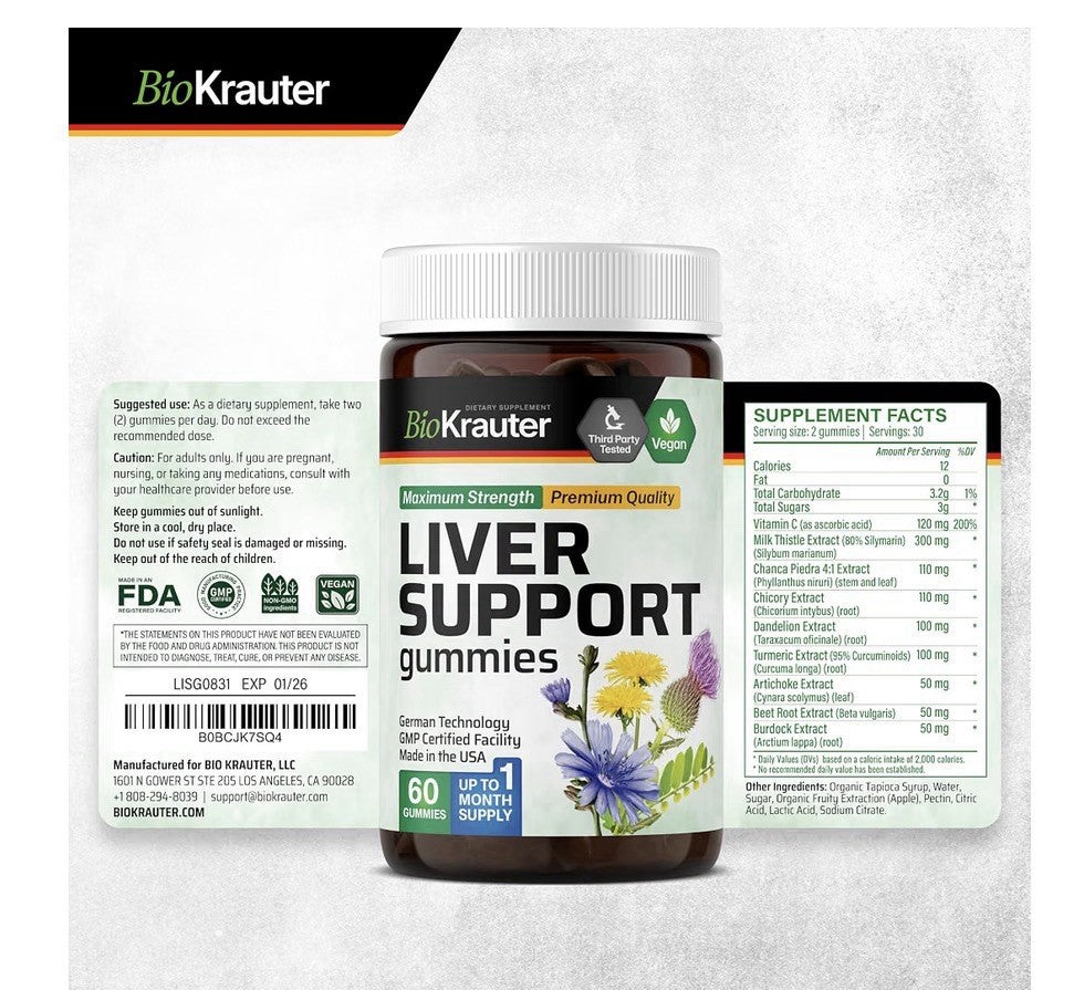 BIO KRAUTER 9 Liver Support Gummies Detox With Milk Thistle 60 Gummies