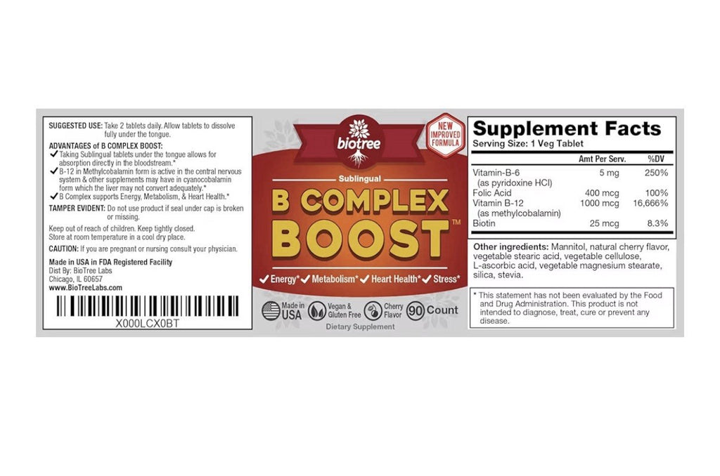 BioTree Labs B Complex Boost Vitamin B12 Sublingual B12 Methylcobalamin B6 90tab