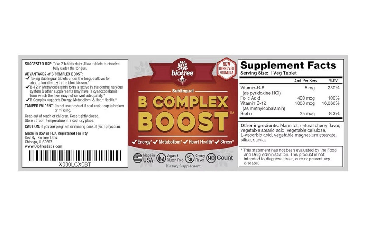 BioTree Labs B Complex Boost Vitamin B12 Sublingual B12 Methylcobalamin B6 90tab