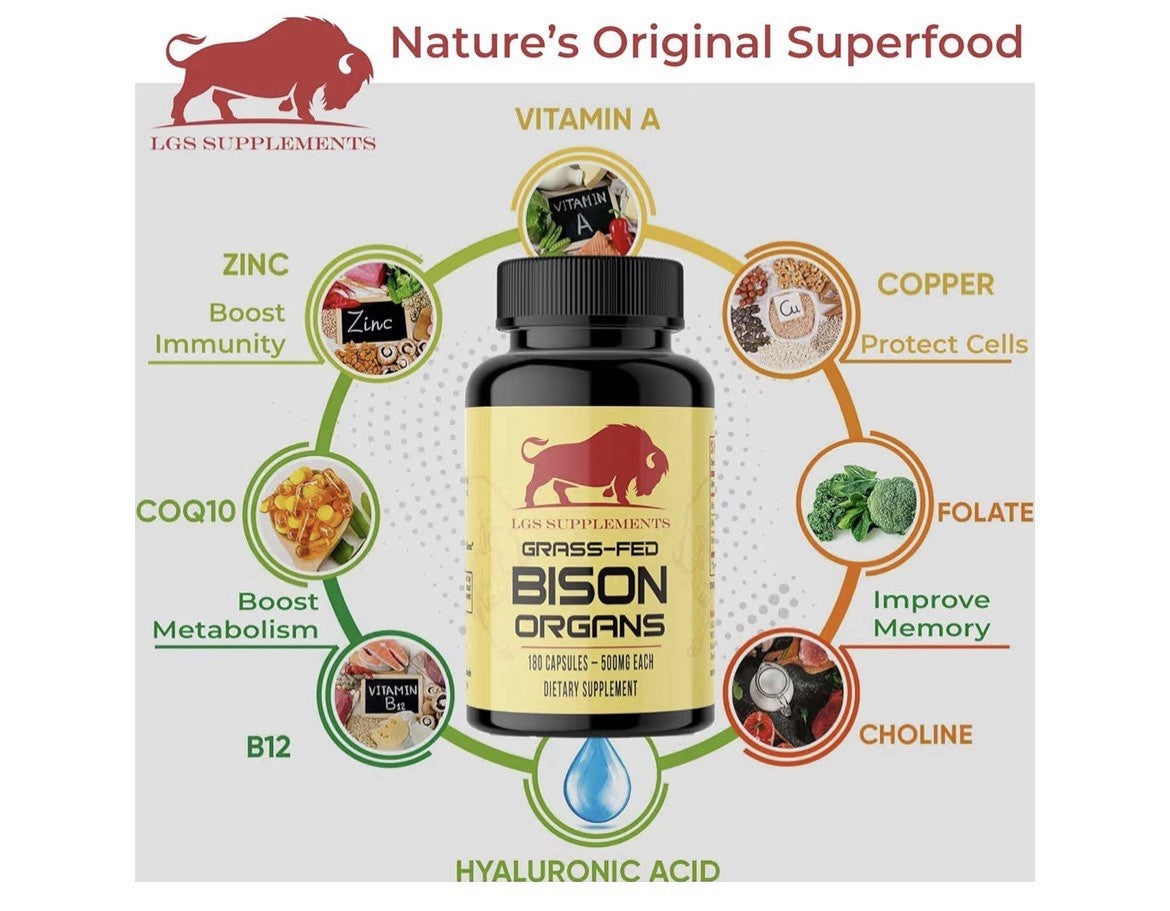 LGS Supplements Grass Fed Bison Organ Supplement For Whole Body Wellness 180caps