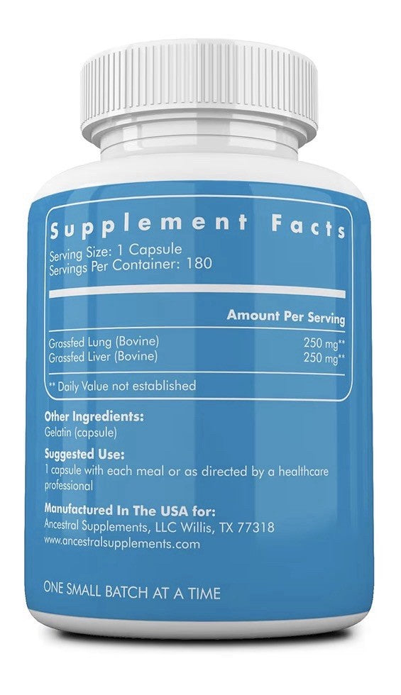 Ancestral Supplements Grass Fed Beef Lung Supplement Pasture Raised 180 Capsules