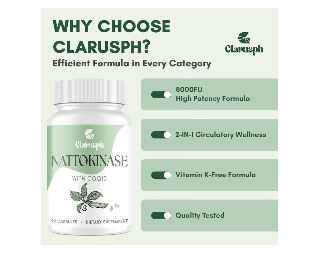 Clarusph Nattokinase With CoQ10 Supplement Circulation Supplements 90 Capsules