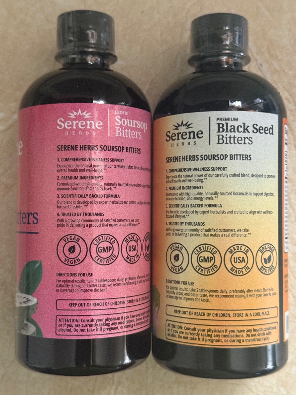 Serene Herbs Soursop Bitters Herbal Detox & Black Seed Bitters Bundle 16oz Each