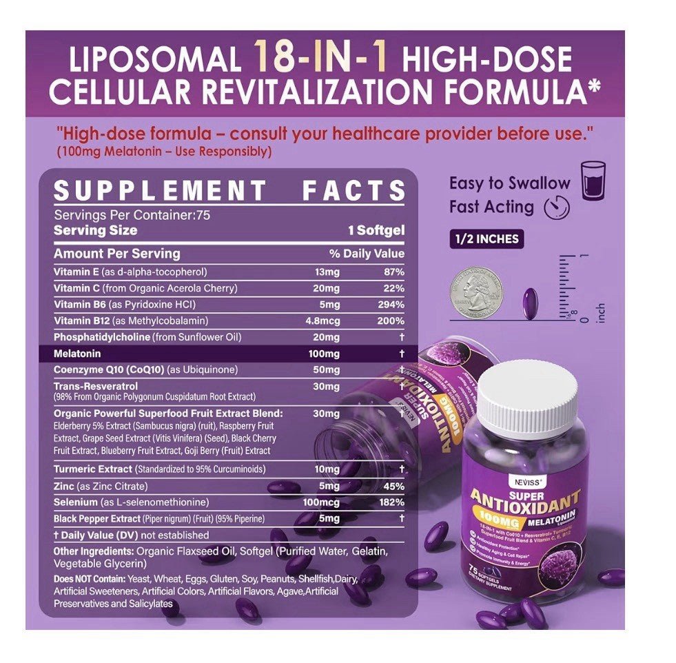 2 Packs NEVISS Melatonin 100mg Super Antioxidant Cognitive Health Anti-Aging
