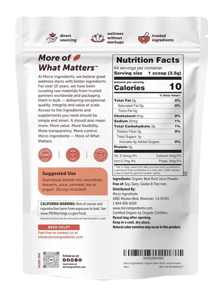 Micro Ingredients Organic Beet Root Juice Powder Raw Superfood 8 oz