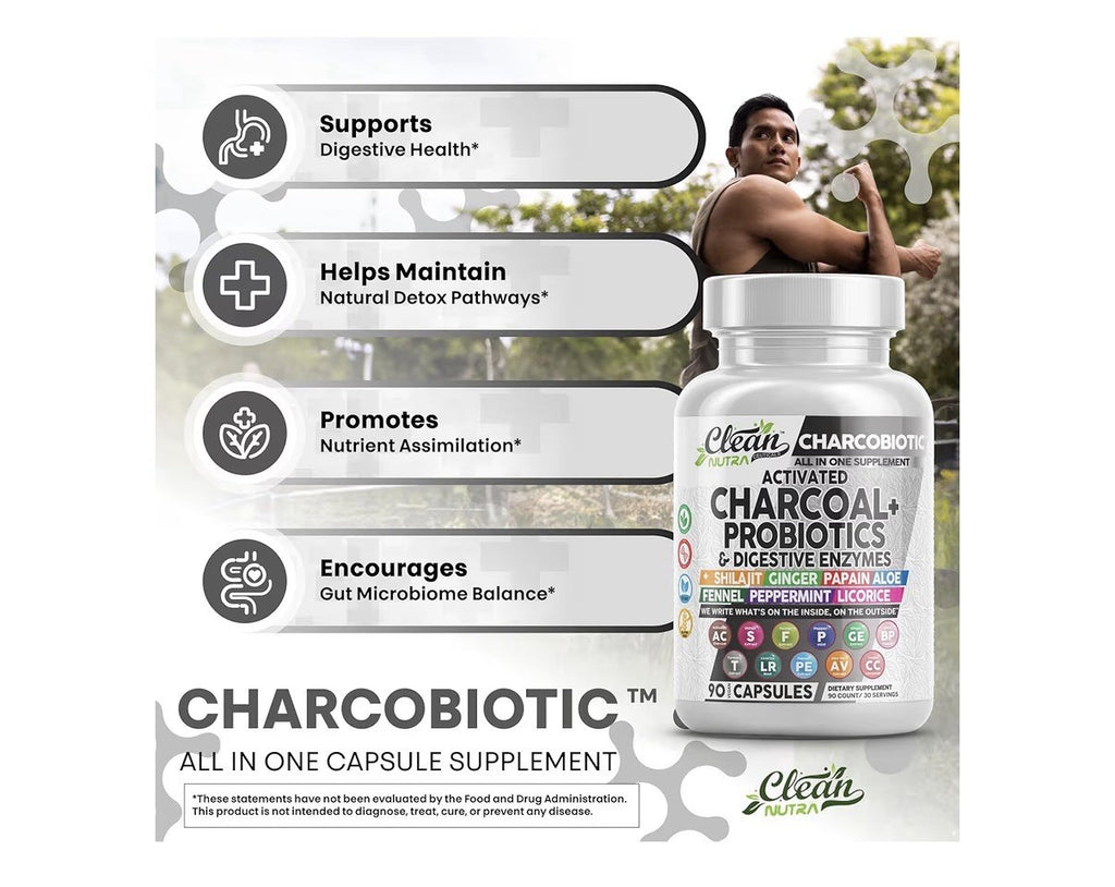 Clean Nutra Charcobiotic Activated Charcoal Probiotics Gut Health 90 Capsules